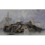 English school 19th century Boats at dock yard Watercolour Unsigned 16.5cm x 26cm