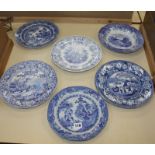 E. Wood & Sons blue and white plate, The Glamorgan pottery blue and white plate and four other