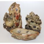 Three Chinese soapstone carvings, a dish, a brush pot and a bowl.