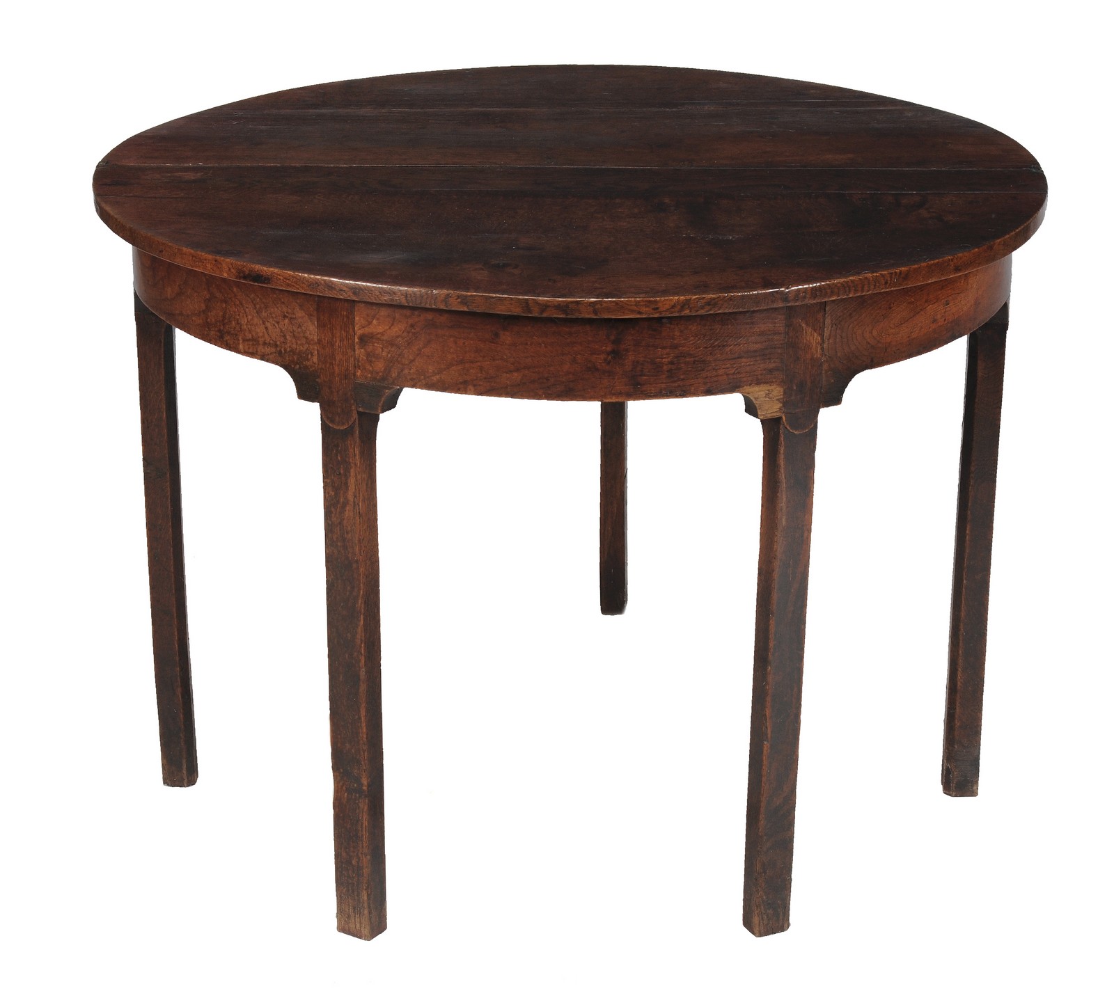 A George III oak demi-lune tea table, with a folding top, on shaped frieze and chamfered legs