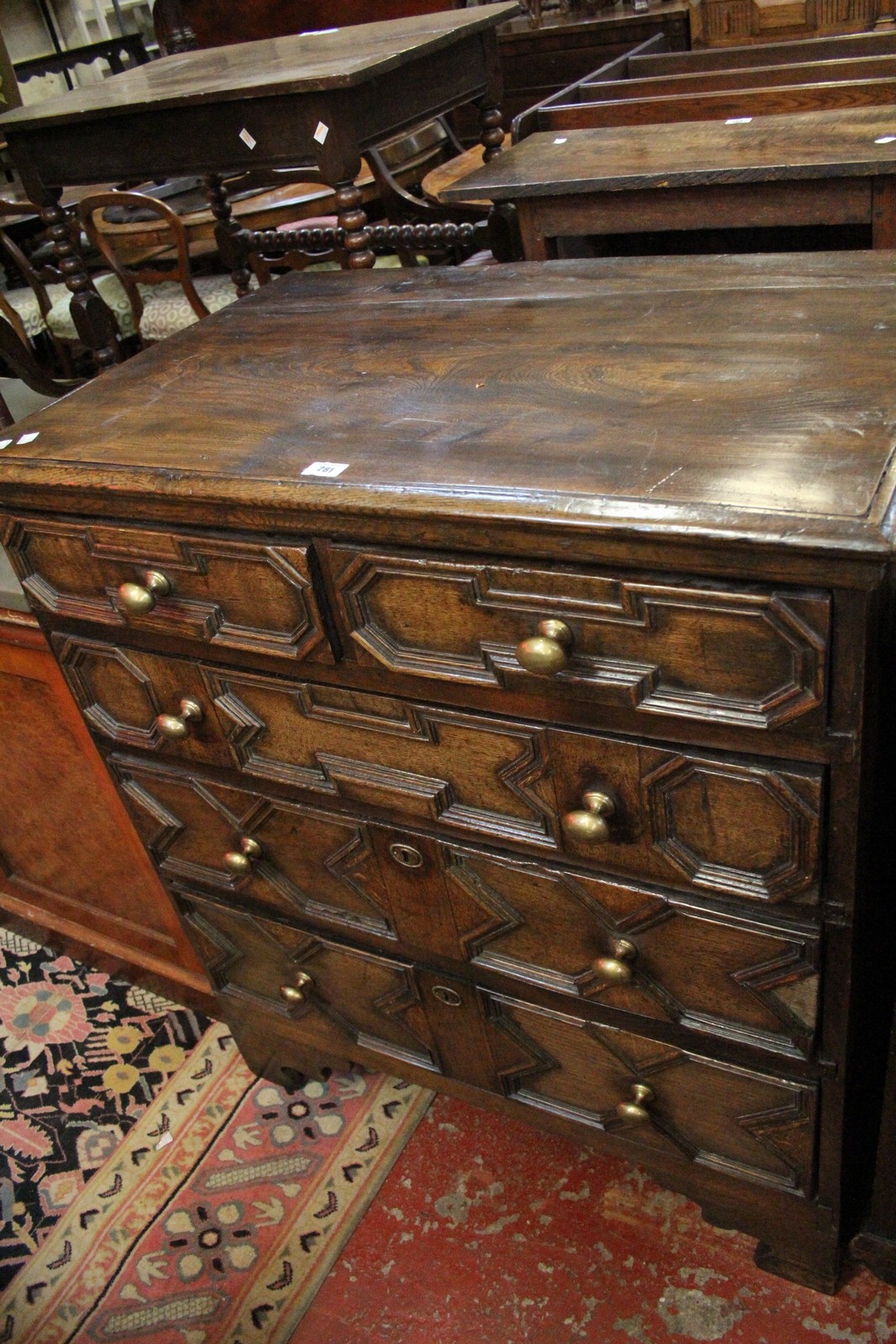 A late 18th Century oak chest of two short and three long drawers 88cm wide