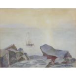 Mabel Wickham (20th century) Sailing boat of rocky coastline Watercolour Signed M. F. Wickham and