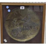 A Japanese gilt metal and patinated bronze circular plaque, depicting warriors, in a square frame,