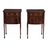 A pair of mahogany bowfront bedside cupboards in George III style  A pair of mahogany bowfront