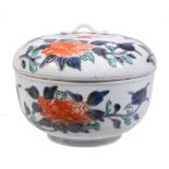 A Japanese Arita Imari bowl and cover , painted with bands of peony in iron red  A Japanese Arita