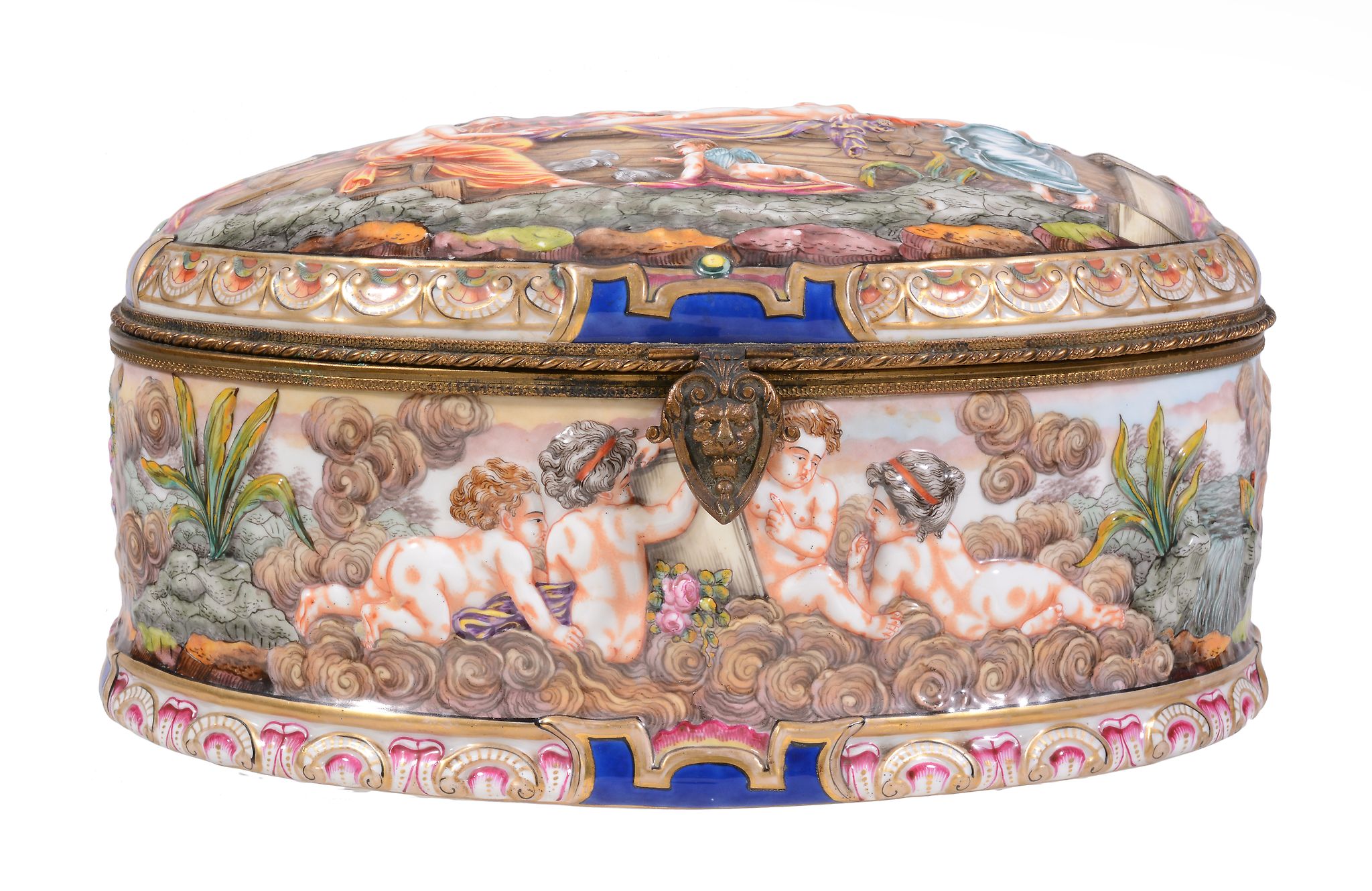 A Naples-stlye oval casket and hinged cover, circa 1900  A Naples-stlye oval casket and hinged