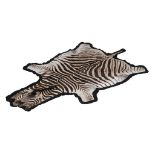 A zebra skin rug , Equus quagga , the skin mounted on black felt  A zebra skin rug  ,   Equus quagga