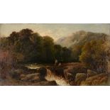 English School (19th Century) - Fishing on the banks of a river Oil on canvas Indistinctly signed