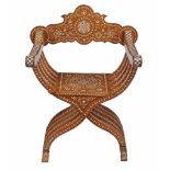A bone inlaid hardwoood Savonarola style chair , early 20th century  A bone inlaid hardwoood
