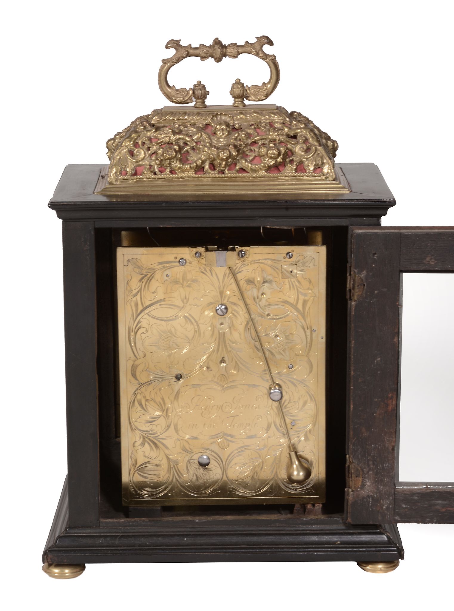 A fine James II gilt brass mounted ebony small basket top table timepiece with silent-pull quarter- - Image 2 of 6