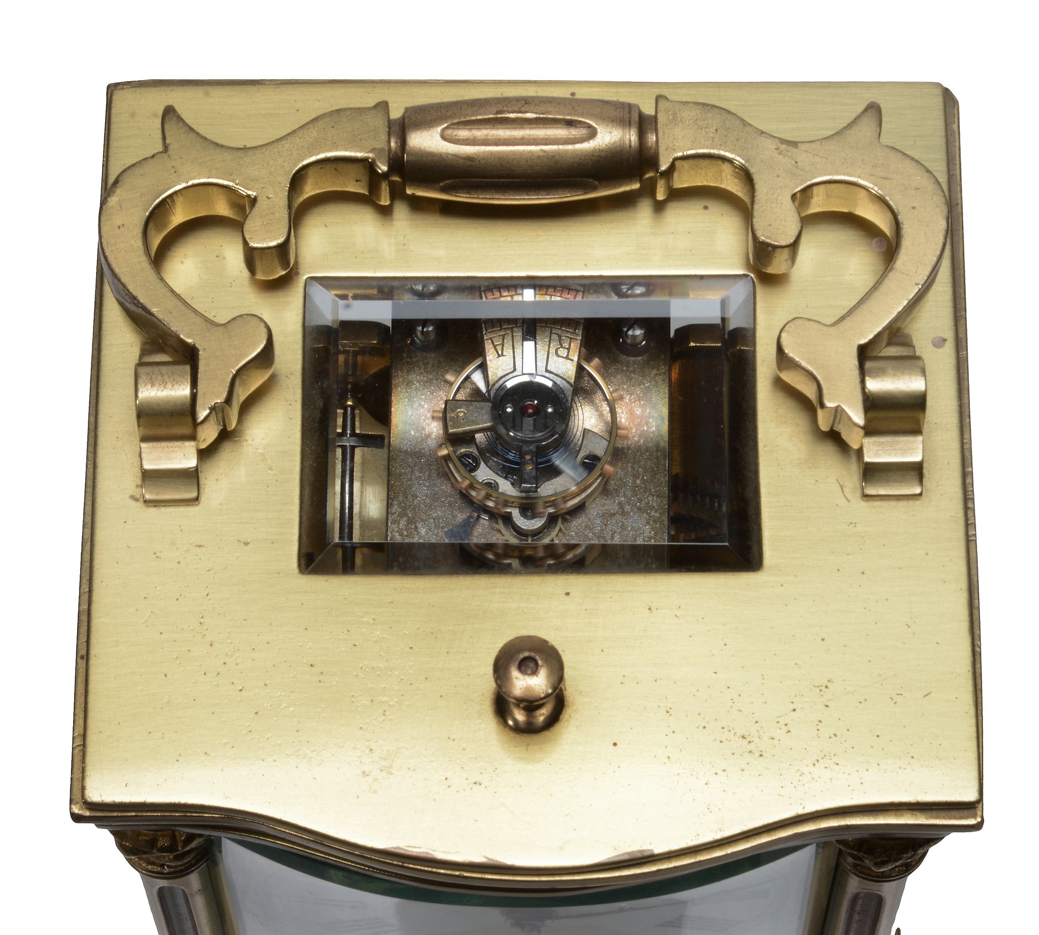 A French lacquered brass bowfronted carriage clock with push-button repeat...  A French lacquered - Image 3 of 3