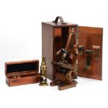 A late Victorian lacquered brass monocular microscope Ross, London  A late Victorian lacquered brass