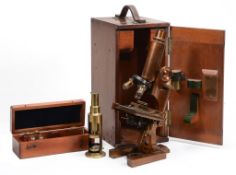 A late Victorian lacquered brass monocular microscope Ross, London  A late Victorian lacquered brass