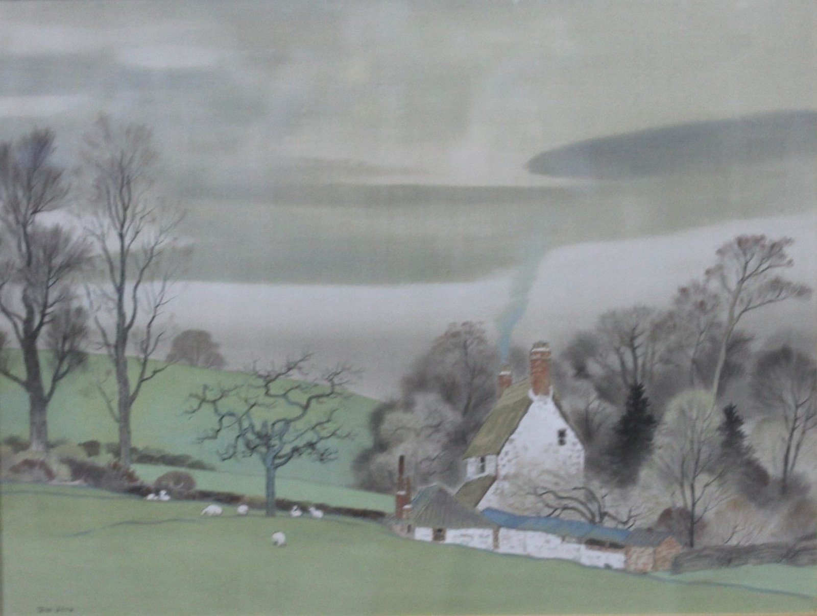 Takezo Sato (Japanese, 1891-1972) Cottage in Dorset Watercolour on silk Signed lower left 32cm x