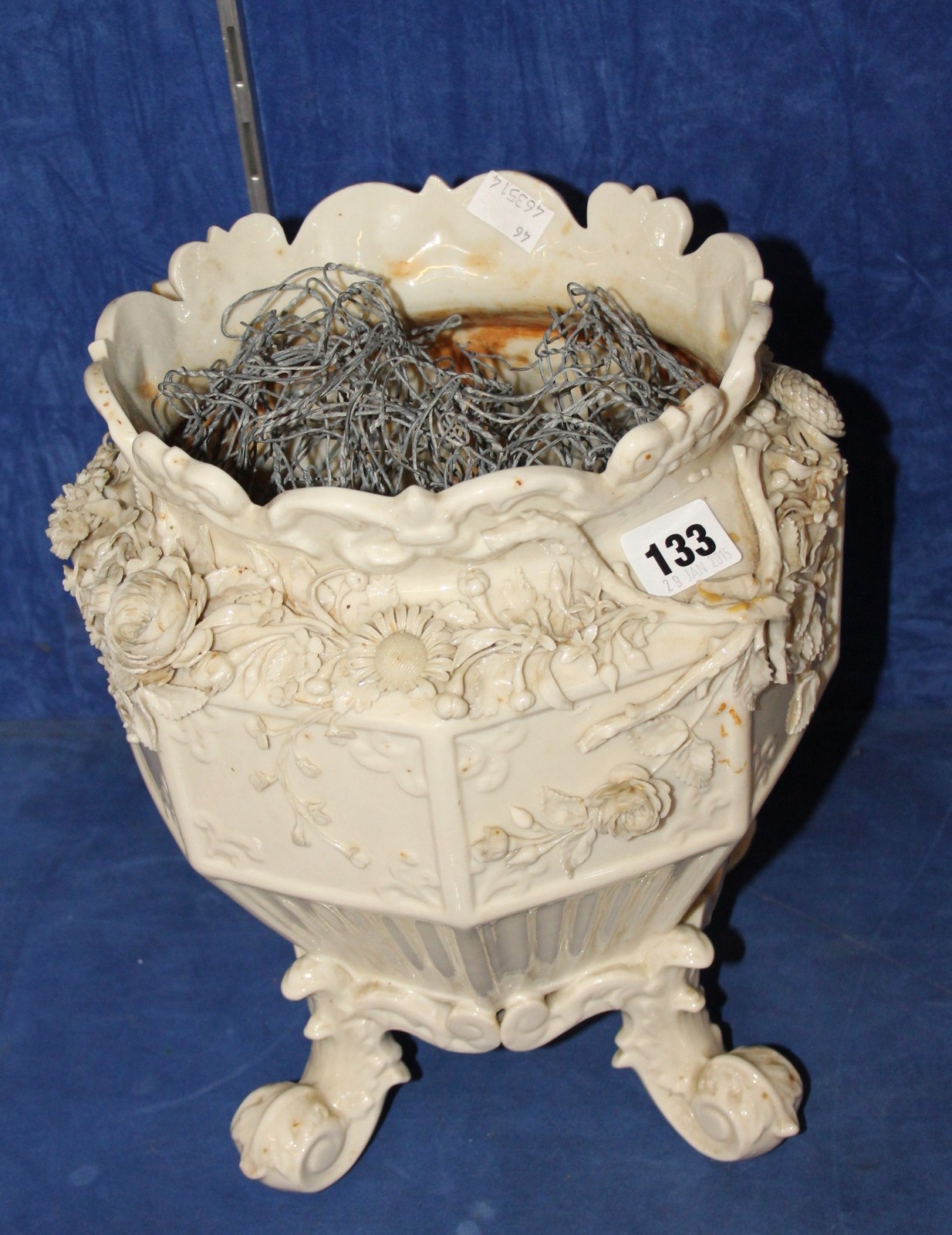 A Belleek Jardinière, with applied flowers, black mark to base, circa 1891-1926, 29cm high (AF)