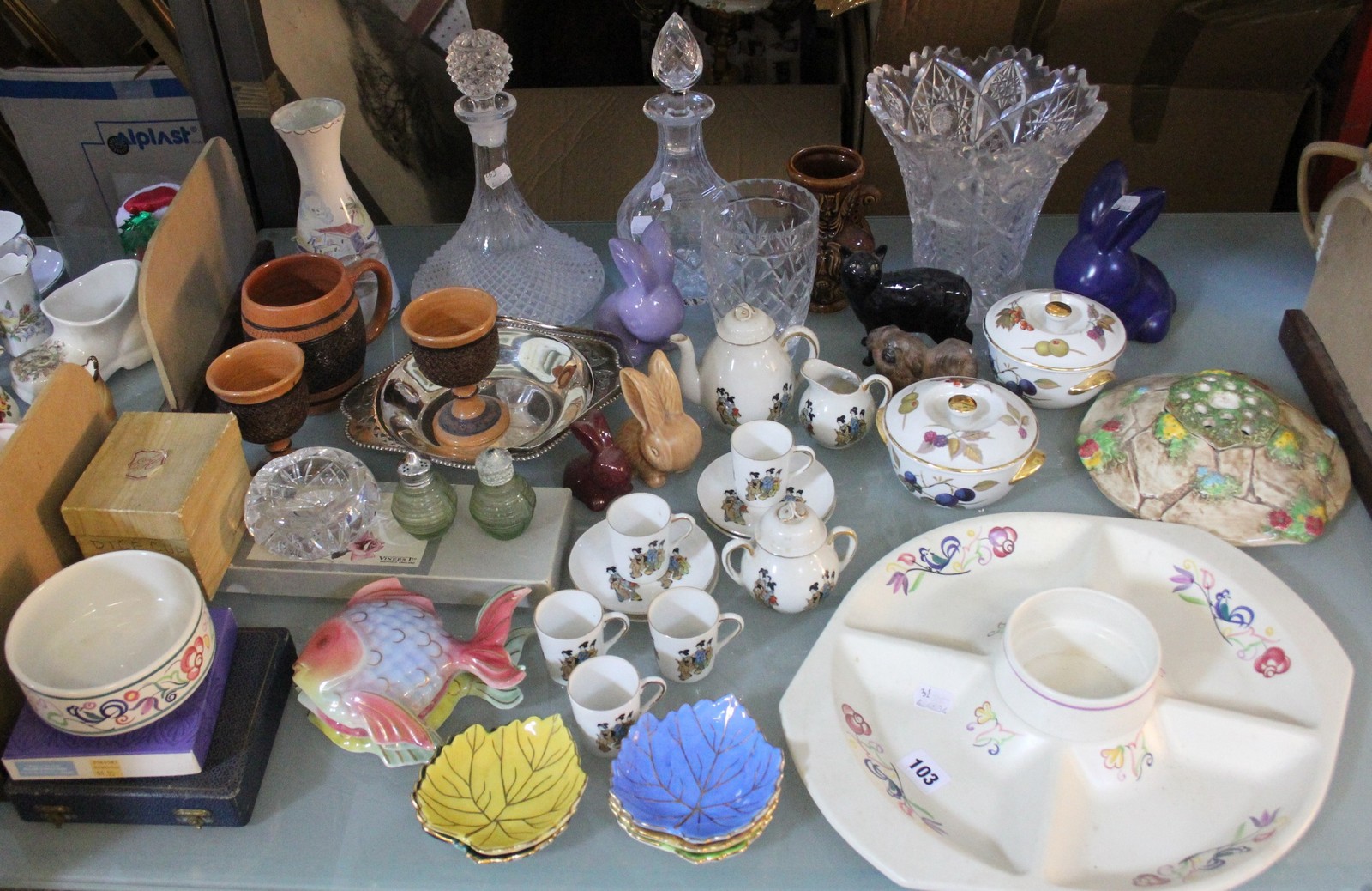 A Japanese part tea-service, Poole pottery, clear glass vases, decanters and other decorative