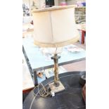 A Late 19th Century convent Siena marble and metal mounted table oil lamp, with yellow shade, 90cm