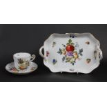 A Herend porcelain two-handled tray painted with fruit, 27cm wide and a cup and saucer -3