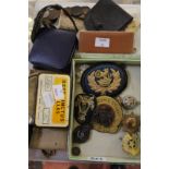 Assorted military badges, buttons, a pair of binoculars, coins and other collectable items