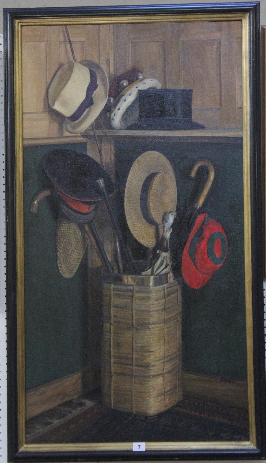 Guy Lester (20th century) The Seven Ages of Anthony - Still life of hats and umbrella stand Oil on