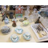 A quantity of decorative items to include silver plated flatware, pewter tankard, glass decanters,
