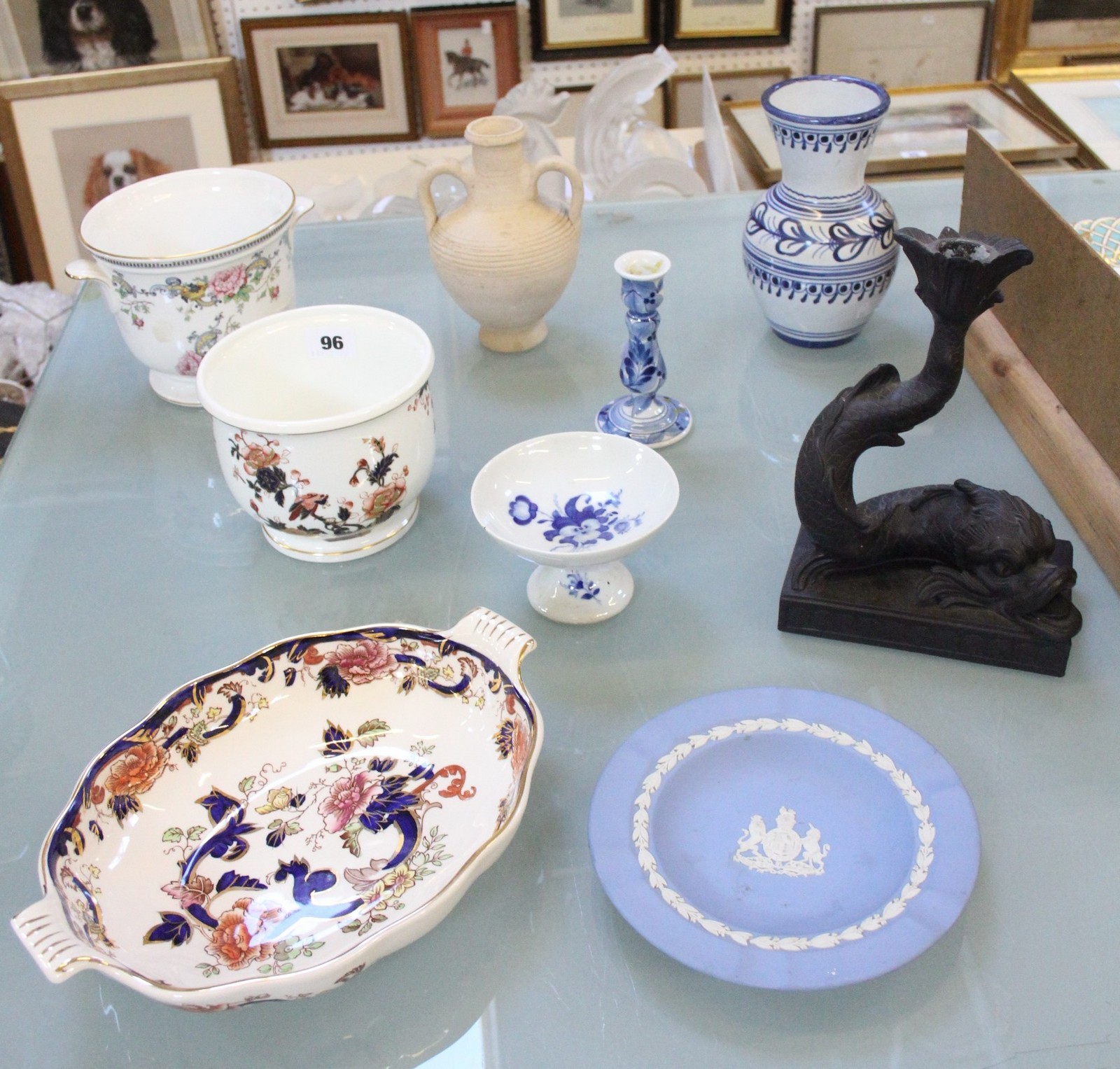 A Wedgwood basaltes candlestick in the form of a fish, a modern Masons dish and other decorative