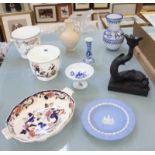 A Wedgwood basaltes candlestick in the form of a fish, a modern Masons dish and other decorative