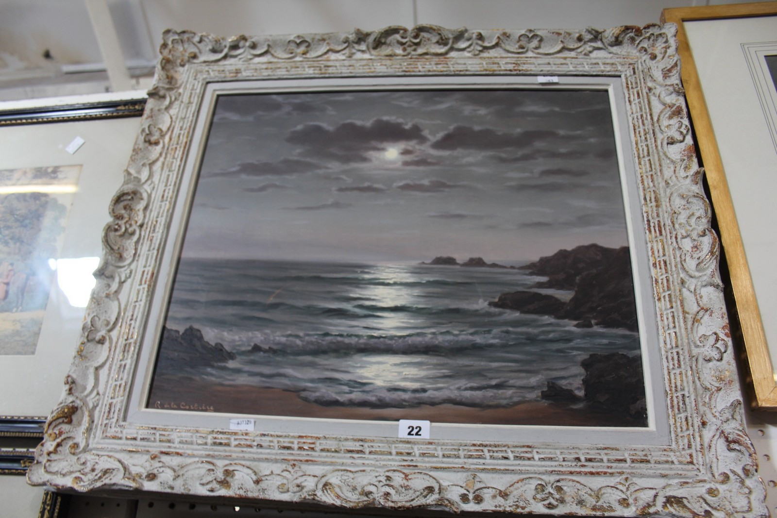 R.. de la Corbiere Moonlit seascape Oil on canvas 44.5cm x 54cm