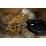 Vintage leather handbag with embossed decoration of a camel, a fur gillet, net evening dress and a