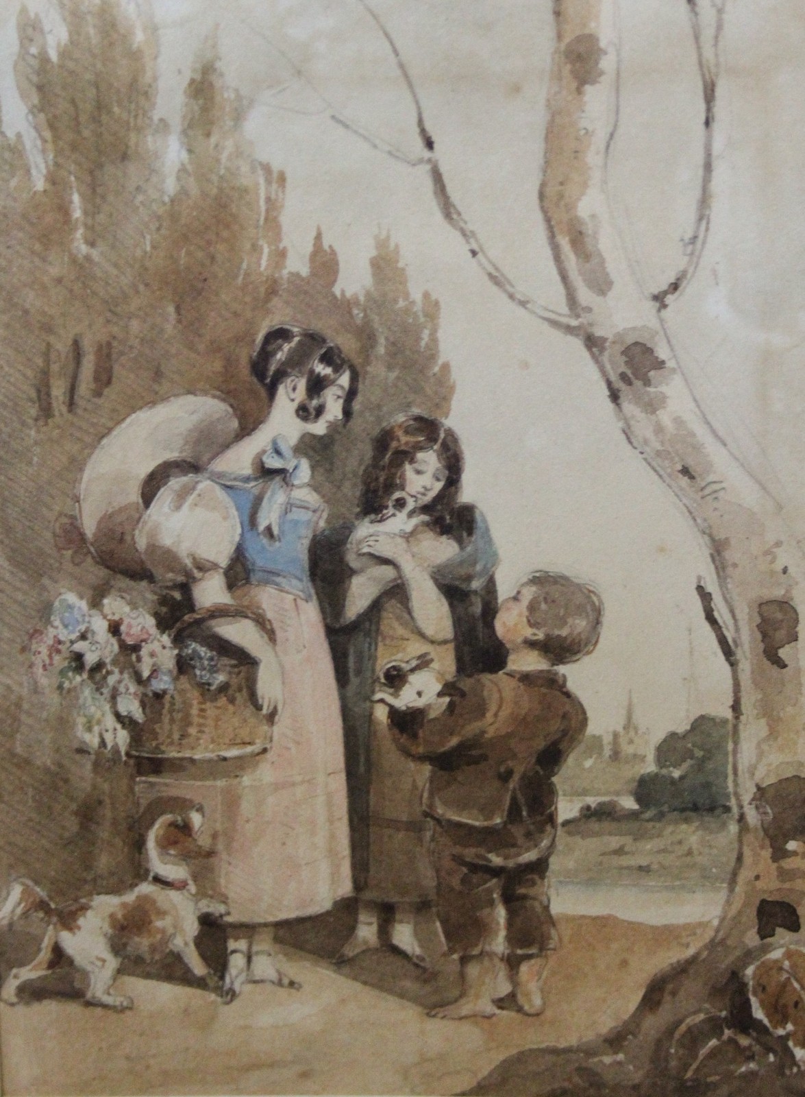 English School (20th Century) Siblings holding rabbits Watercolour Unsigned 20.5cm x 15.5cm