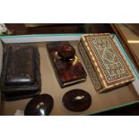 A modern mah-jong cased set, an embossed leather writing desk set, inlaid music box, and other