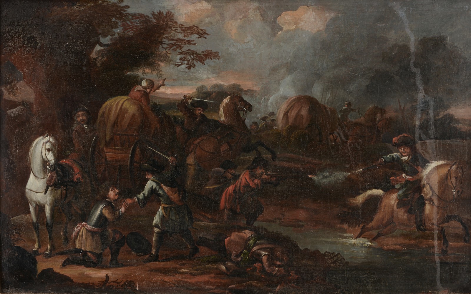 Dutch School (18th century) A skirmish Oil on canvas 37cm x 59cm