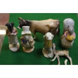 Beswick model of a cow, four Beswick Beatrix Potter figures and a model of a faun (with broken