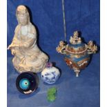 Chinese blanc de chine Guan Yin, Chinese aubergine bowl, blue and white snuff bottle, Japanese