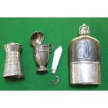 A silver pepper mill, Birmingham, makers mark J.G &S, a letter opener, hip flask, mother of pearl