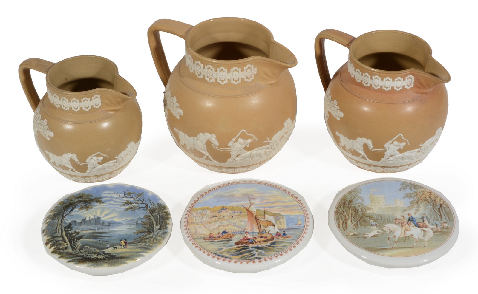 A garniture of three Copeland drab-coloured stoneware hunting jugs, last quarter 19th century,