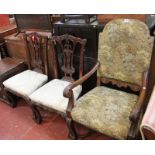 A French oak armchair and two George III style dining room chairs and an oak bedside chest of