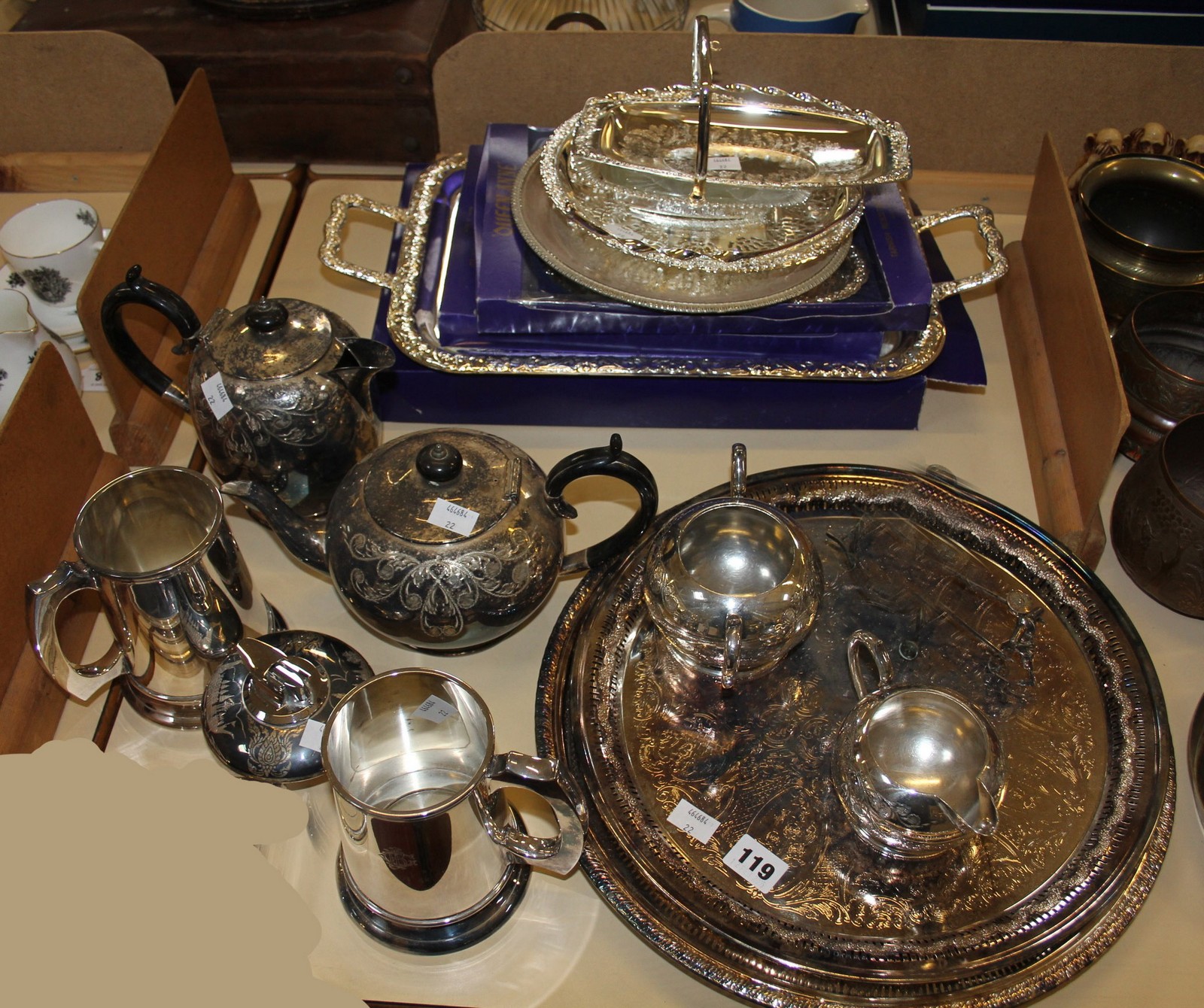 Quantity of silver plated items to include two-handled tray, circular trays, tea set, tankard etc