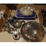 Quantity of silver plated items to include two-handled tray, circular trays, tea set, tankard etc