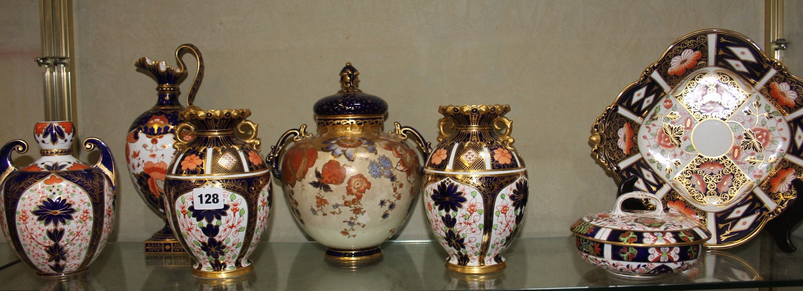 A collection of mostly Royal Crown Derby Imari porcelain, including a ewer, a pair of vases, a