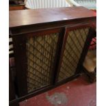 A Regency mahogany side cabinet with twin panelled brass work doors on plinth base, 102cm high, 93cm