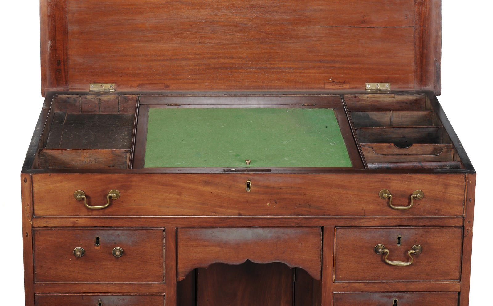 A George II mahogany kneehole desk circa 1740 with a rectangular top, six short drawers flanking a - Image 4 of 11