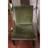 A George III green velvet upholstered mahogany framed side chair, the rectangular back with curved