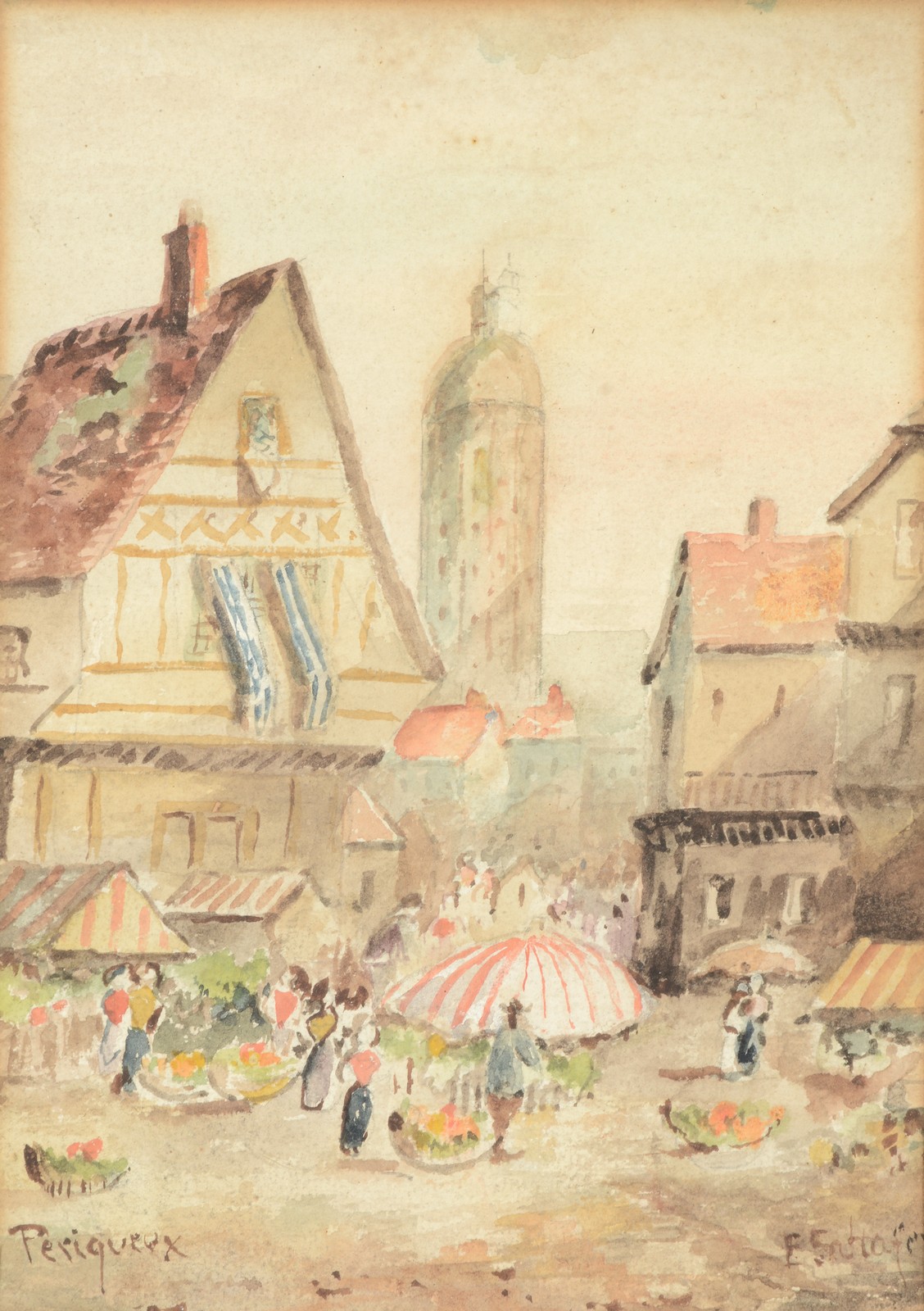 E. Schafer (Late 19th Century) Market scene, Périgueux; Street view, Senlis Watercolour, a pair - Image 2 of 2