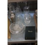 A quantity of decorative glass to include cut glass decanters, Harrods spirit glasses in original
