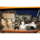 Assorted collectable items to include oil lamps, mantel clock, pictures, stands etc (qty) . Best