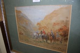 English School (20th Century) "Hark There's a ..." Riders in the woods Watercolour Signed