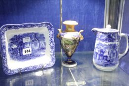 An Abbey pattern blue and white jug with cover, a blue and white Abbey pattern rectangular dish