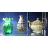 A 19th century S. & H. Briddon salt glazed stoneware teapot (AF) a loetz style vase and stoneware