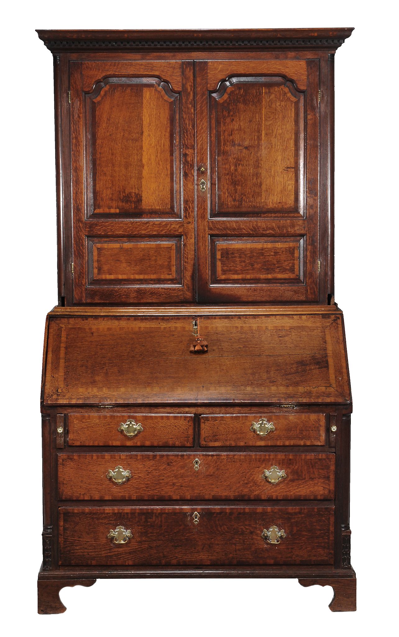A George III oak and mahogany crossbanded bureau bookcase  A George III oak and mahogany crossbanded